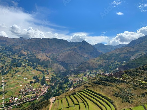 Peru Urubamba Sacred valley Incas terraced fields beautiful landscape.
