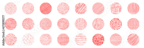 Hand drawn red circles ink textures set. Crosshatch, wood, rain, stippling, circle, linear and other stroke. Freehand doodle shapes collection. Isolated vector illustration.