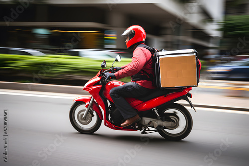 Food delivery man carrying parcel box by motorcycle.