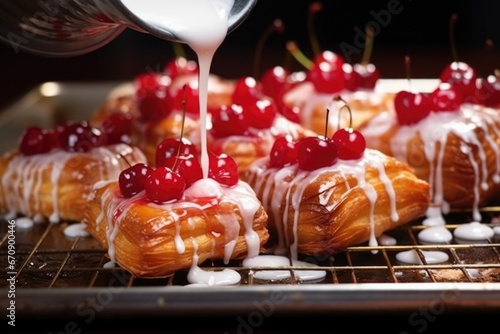 hand glazing cherry danish pastries with syrup