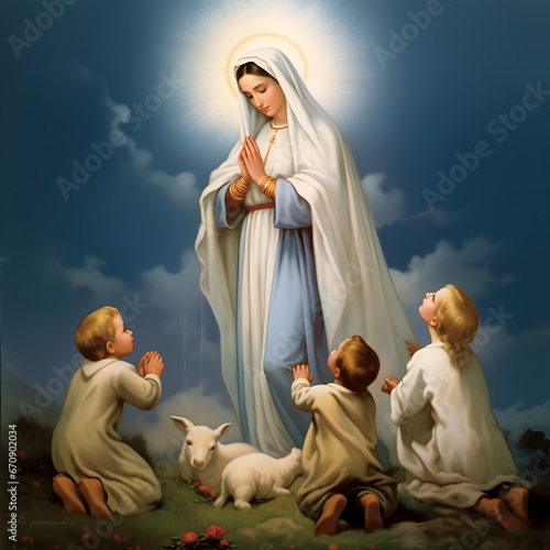 Virgin Mary, children prayers and goat. Our lady of fatima