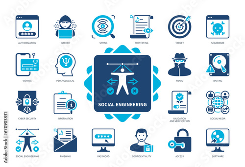 Social Engineering icon set. Phishing, Password, Baiting, Spying, Scareware, Access, Pretexting, Cyber Security. Duotone color solid icons