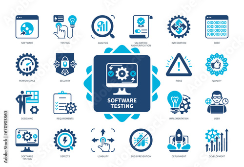 Software Testing icon set. Code, Integration, Bugs Prevention, Quality, Security, Requirements, Development, Usability. Duotone color solid icons