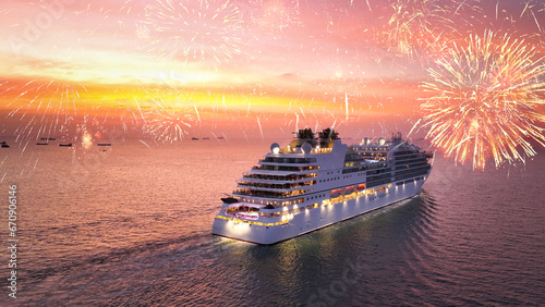 Valentine’s Day CRUISE with Fireworks. Stern of Cruise Ship and golden shining fireworks, Cruise Liners beautiful white cruise ship above luxury Passenger Ship in the ocean sea at sunset. Happy time.