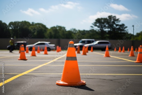 orange safety cones lining a school parking lot