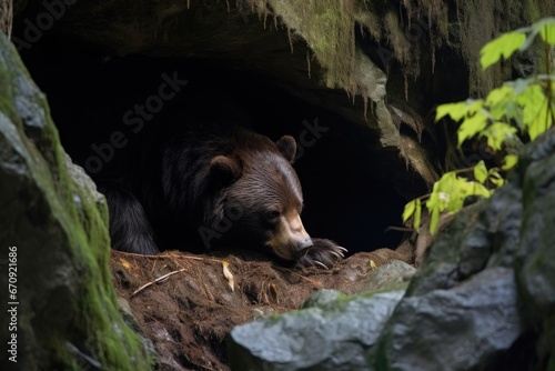 an elevated view of a bear hibernating in a cave