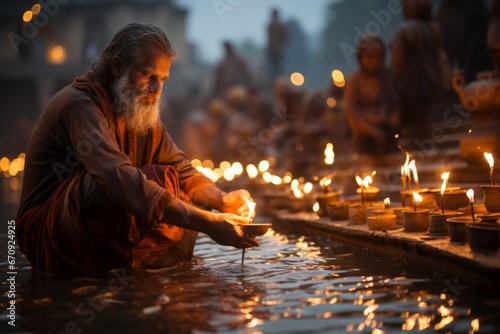 Spiritual moment during the Aarti ceremony on the ghats of Varanasi, Generative AI