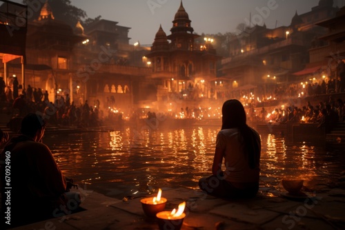 Spiritual moment during the Aarti ceremony on the ghats of Varanasi, Generative AI