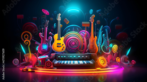 Colorful neon background with musical instruments