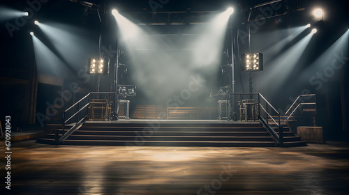 Lighting ramp along with powerful spotlights for creating artificial lighting while working in the theater film studio