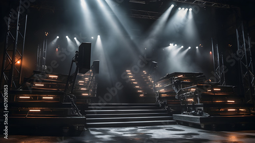 Lighting ramp and powerful spotlights for artificial lighting while working in the theater or film studio