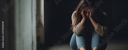 Very sad woman sitting on the floor with hands on her face. Girl crying