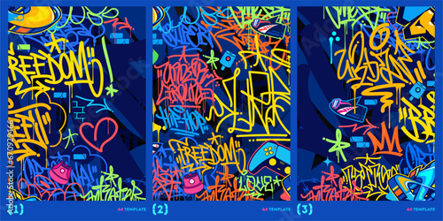 Trendy Abstract Dark Blue Graffiti Style A4 Poster Vector Illustration Art Template Background