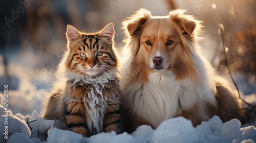 beautiful dog and cat in the snow