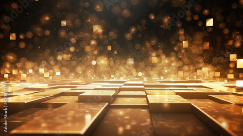 3D Abstract background with golden squares and glowing lights