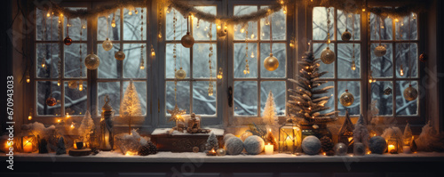 Christmas decoration window, balls trees, lights. Christmass wide banner,
