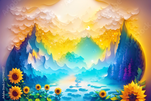 A Summer concept. A Captivating Papercut sunflowers. Sunflower Symphony. Papercut illustration. Generative AI