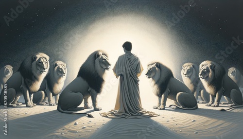 Daniel in the lion's den. Digital illustration.