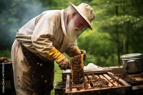 Senior man or grandfather doing backyard beekeeping hobby in the garden. Honey production. Man-made beehive