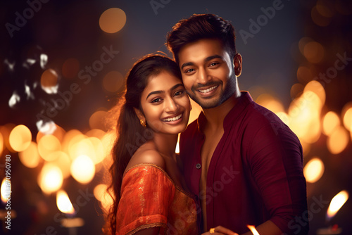 Happy smiling Indian ethnic young couple celebrating Diwali festival with lights