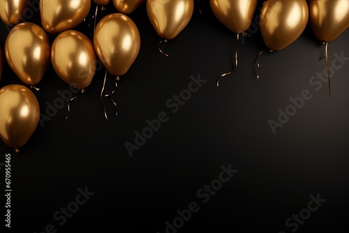 Gold balloons on dark background with empty space for inscription