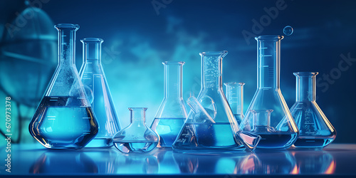 Chemical and pharmaceutical concept background. Chemistry laboratory equipment Laboratory glassware Collection of blue flasks neatly arranged on table. AI Generative 