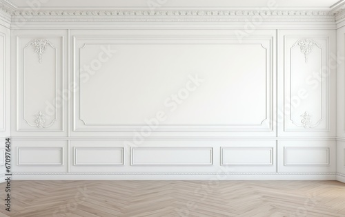 White wall with classic style moldings and wooden floor. Empty room. Minimalist interior background presentation.