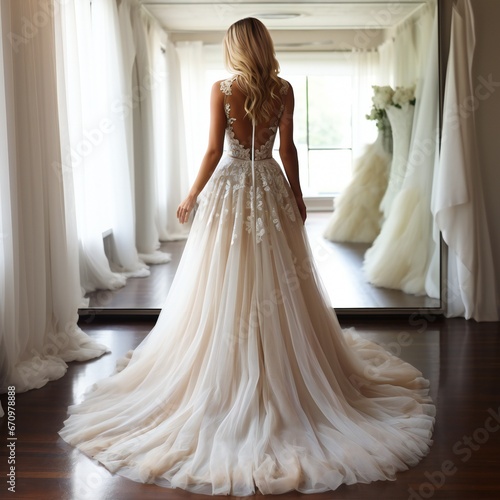 Beautiful dress. Full length of attractive young woman wearing wedding dress while standing in front of the mirror in bridal shop back view