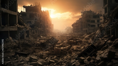 Post apocalyptic background image of desert city wasteland with abandoned and destroyed buildings, cracked road and sign.