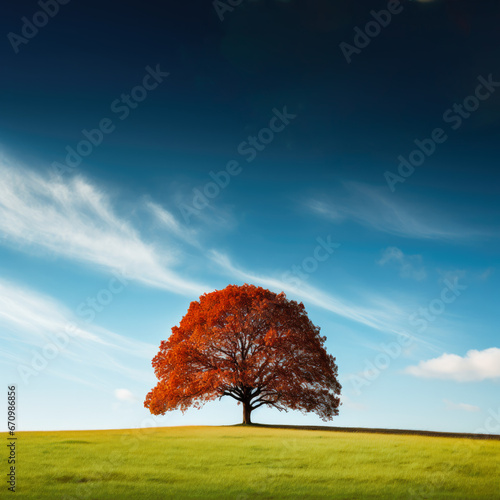 Orange and gold, autumn colour oak tree, surrounded by autumnal grass and blue skies.