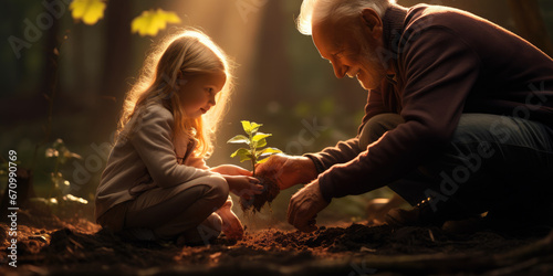 Grandad planting tree with granddaughter , with shafts of evening light.