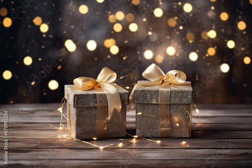 paquetes de regalo con lazo dorado sobre madera y fondo bokeh dorado luminoso. Concepto celebraciones, año nuevo, navidad, cumpleaños, aniversarios, dia de la madre