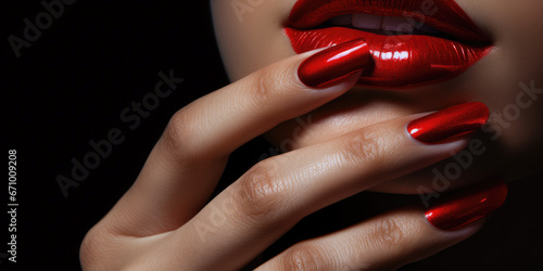 Glamorous red painted finger nails against red sultry lipstick