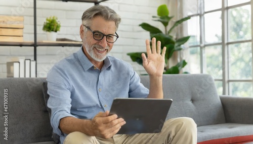 Cheerful senior man having video call on tablet sitting on the couch at home elderly man wearing eyeglasses staying in touch with friends and family using online video call connecting with people