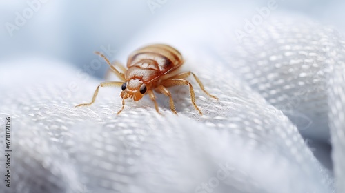 Closeup image of bed bugs crawling on a white cloth. Increasing issue of insect invasions and infestations in Europe. The image highlights the need for effective pest control measures.