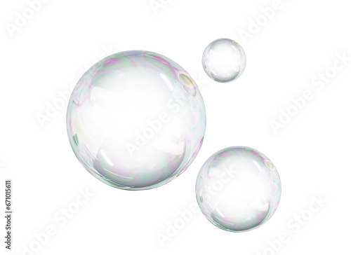 3D Soap bubble floating on white background. Water foam bubbles with rainbow colors. Realistic iridescent ball. Soap transparent balloon. 3D Rendering