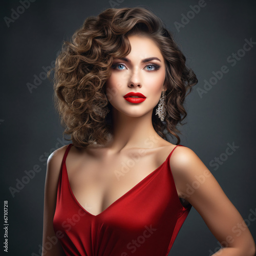 Atractive Woman in Red Mini Dress. Fashion Model in Cocktail Party Gown. Happy Beautiful Gil with Curly Hairstyle and Red Lip Makeup over dark Gray background