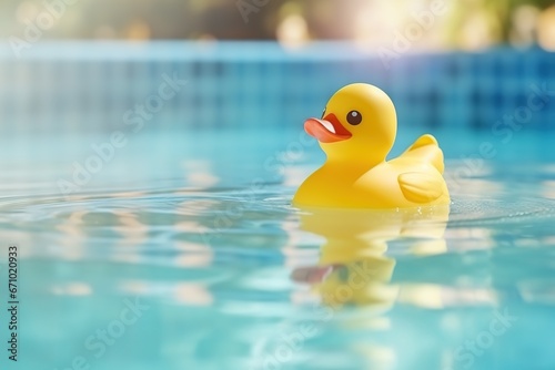 Yellow rubber duck swimming in a pool. Summer holiday illustration. Ai generative.