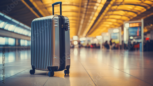 Travel Concept: Suitcase in Blurred Airport Terminal