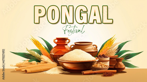 Tamil Nadu festival Happy Pongal with Pongal props, holiday Background, Indian Harvest Holiday