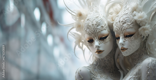 Venetian twins in lace masks on a light abstract background.