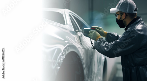 自動車修理工場で車を修理するメカニック、車検と点検のイメージ