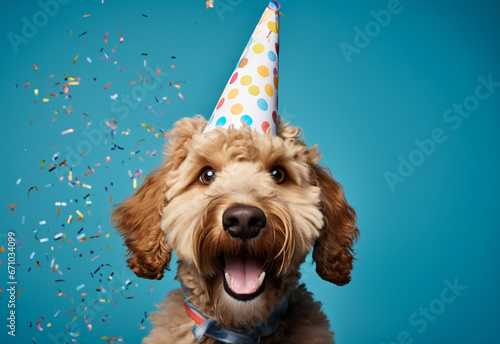 Happy cute labradoodle dog wearing a party hat celebrating at a birthday party, surrounding by falling confetti on solid light blue background