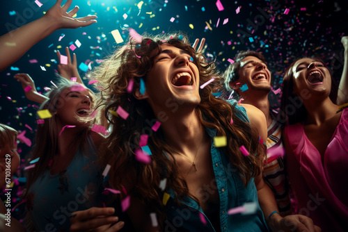 Group of friends blowing confetti during a party, Generated AI