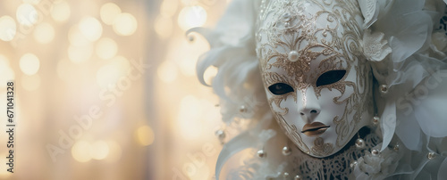 Venetian woman in white and gold lace mask with pearl and flower motif. Inspired by Venice carnival masks.