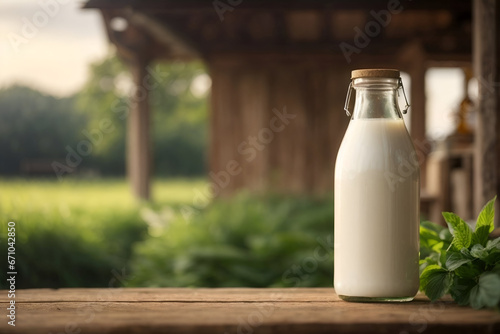 mockup milk bottle on farm background, glass bottle, for advertising