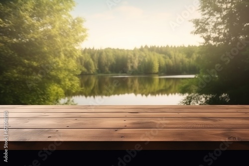 Empty Wooden Table With Summer Lakes Forest Background