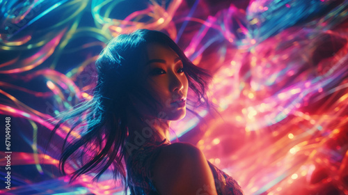 A young, beautiful asian woman dancing at the club surrounded by the colorful lights. Rave, concert, party, event photography