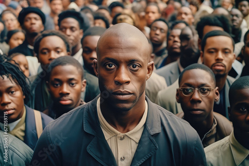 Emotionless serious black man with sad gaze looking in a camera and standing in group of people