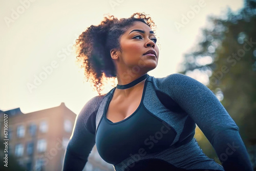 Overweight strong black woman during a morning jog for losing weight, active sporty lifestyle